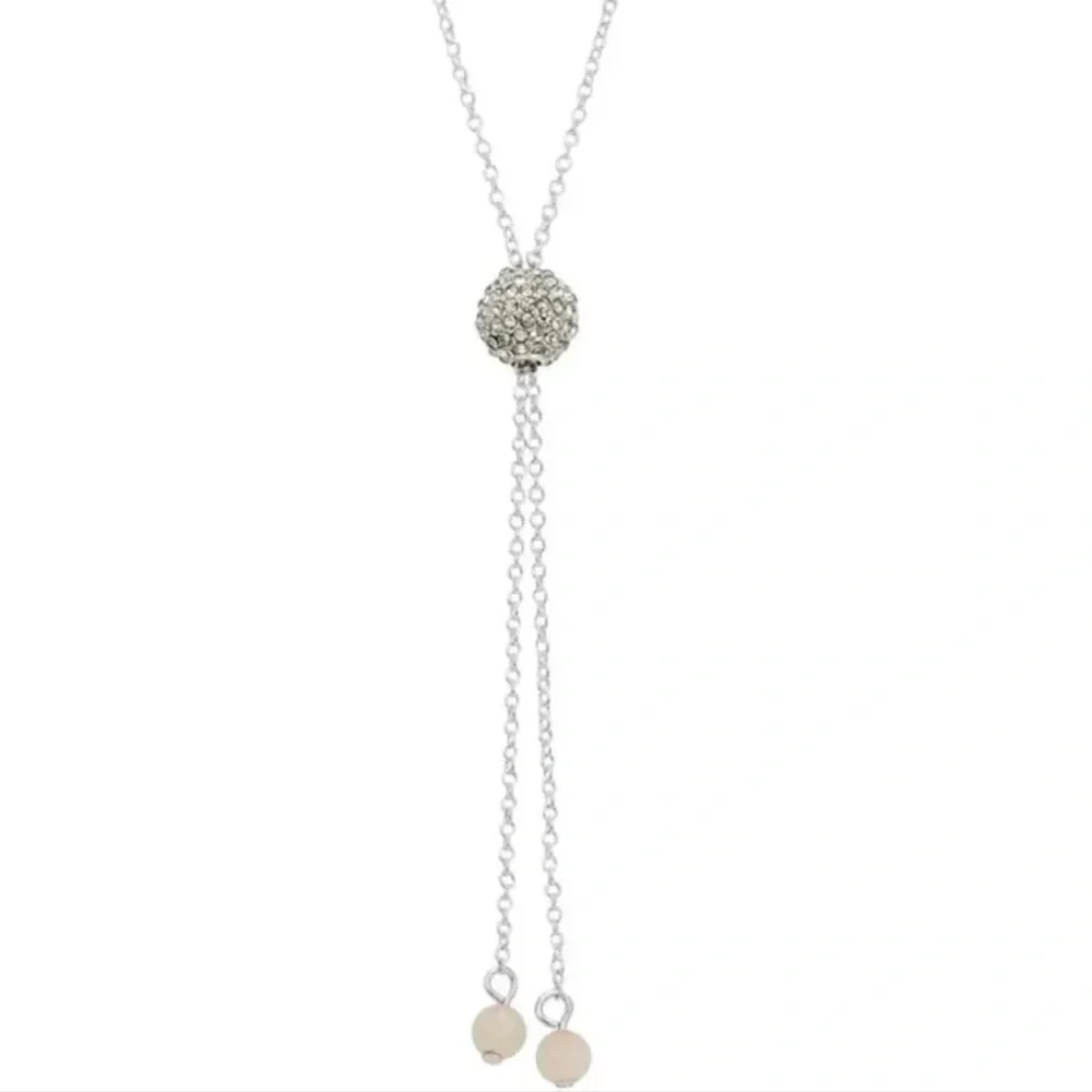 Rose Quartz Crystal Fireball Lariat Necklace Silver Plated